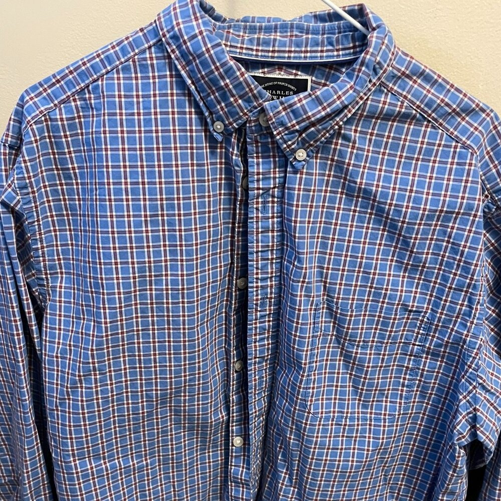 Charles Tyrwhitt Casual Shirt Size XL, Blue with Red Plaid Pattern
